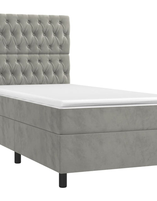 Загрузите изображение в средство просмотра галереи, Pat box spring cu saltea, gri deschis, 90x190 cm, catifea
