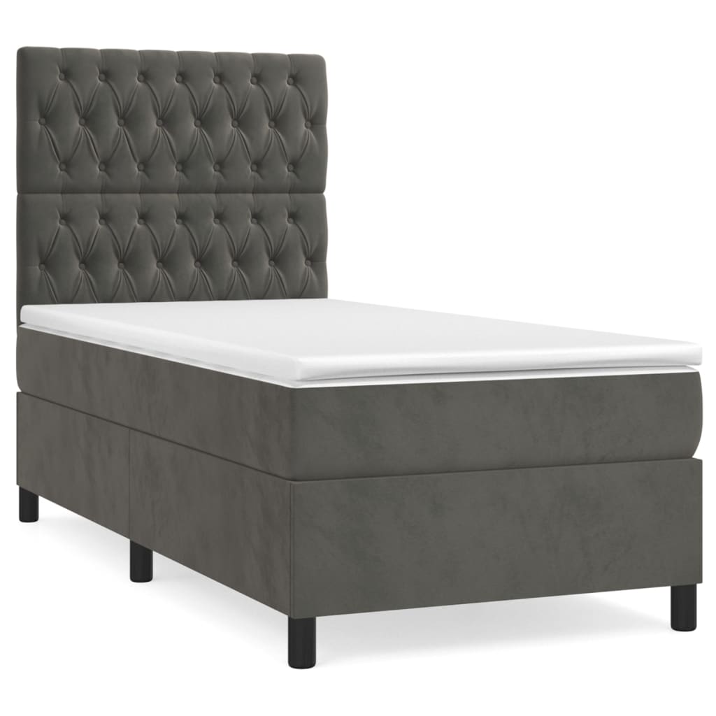 Pat box spring cu saltea, gri închis, 90x190 cm, catifea