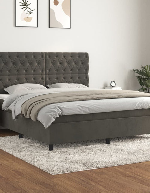 Загрузите изображение в средство просмотра галереи, Pat box spring cu saltea, gri închis, 160x200 cm, catifea
