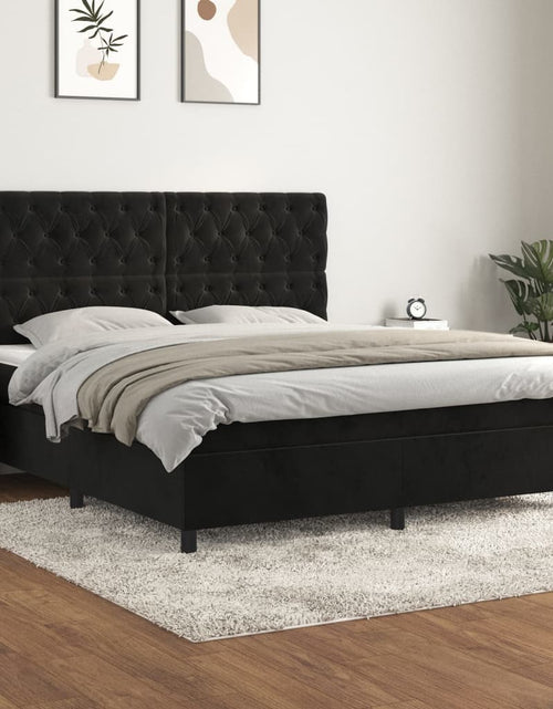 Загрузите изображение в средство просмотра галереи, Pat box spring cu saltea, negru, 160x200 cm, catifea
