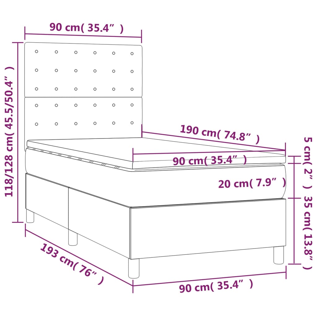 Pat box spring cu saltea, gri închis, 90x190 cm, catifea