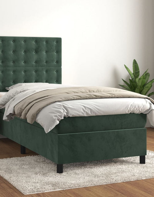 Загрузите изображение в средство просмотра галереи, Pat box spring cu saltea, verde închis, 100x200 cm, catifea
