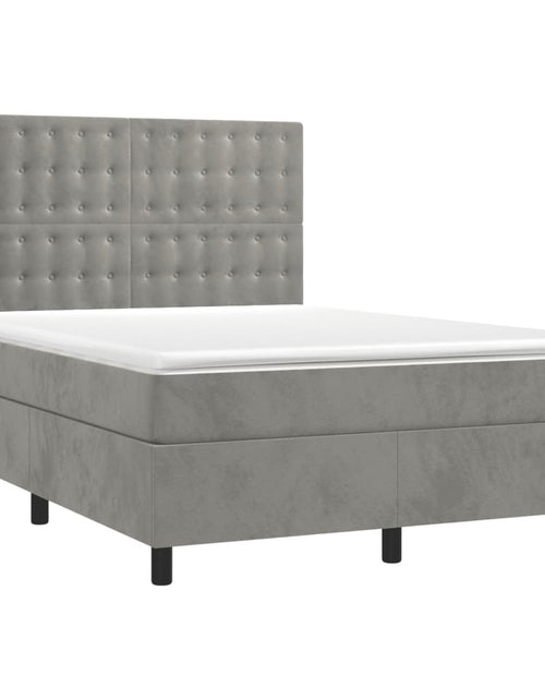 Загрузите изображение в средство просмотра галереи, Pat box spring cu saltea, gri deschis, 140x190 cm, catifea
