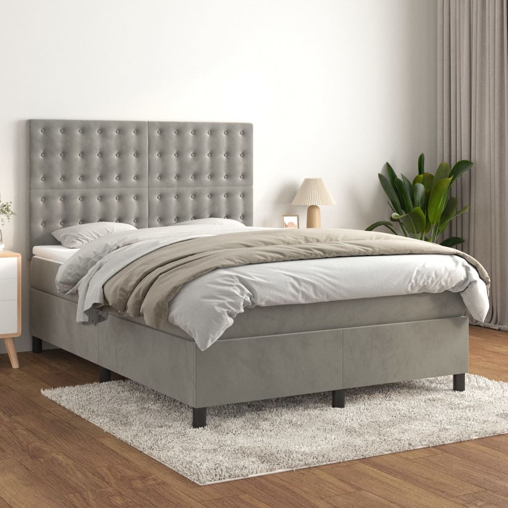 Pat box spring cu saltea, gri deschis, 140x190 cm, catifea