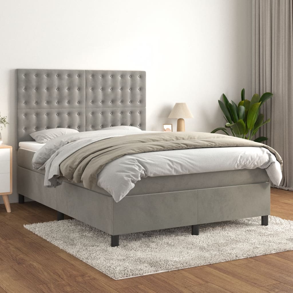 Pat box spring cu saltea, gri deschis, 140x200 cm, catifea