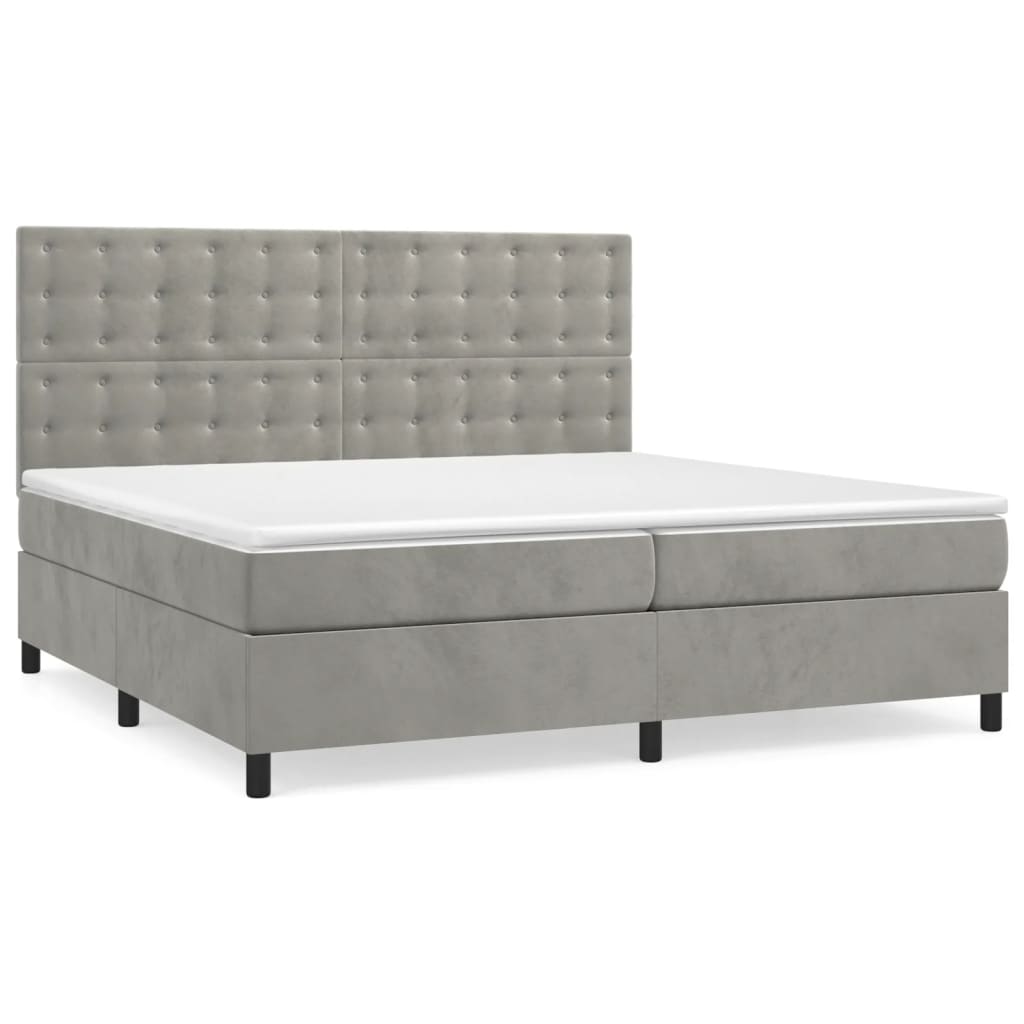 Pat box spring cu saltea, gri deschis, 200x200 cm, catifea