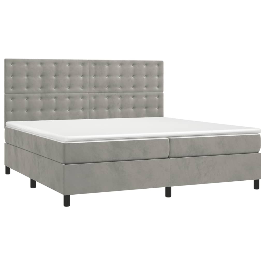 Pat box spring cu saltea, gri deschis, 200x200 cm, catifea