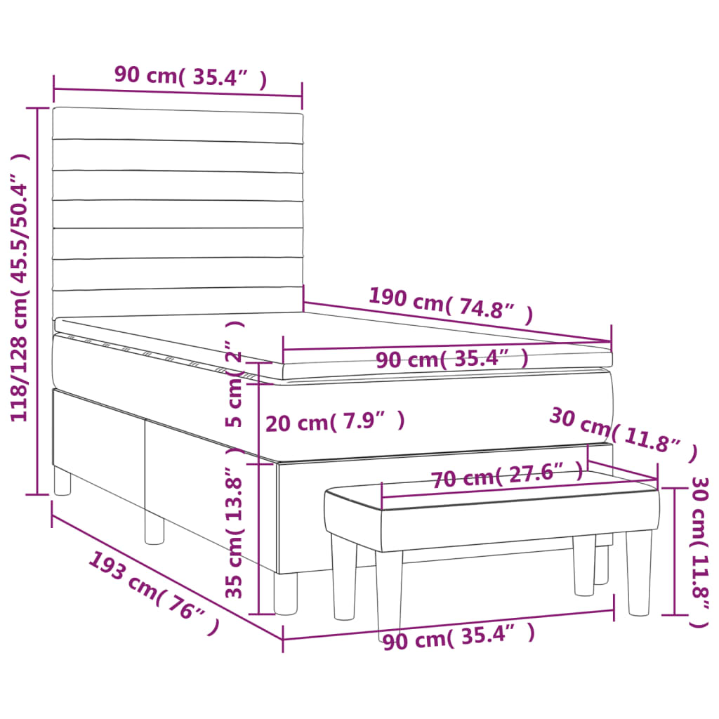 Pat box spring cu saltea, gri deschis, 90x190 cm, textil