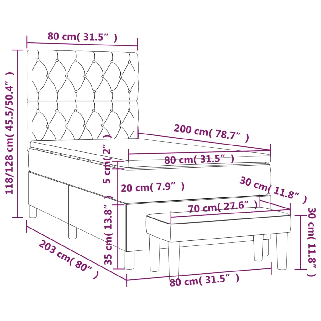 Pat box spring cu saltea, crem, 80x200 cm, textil