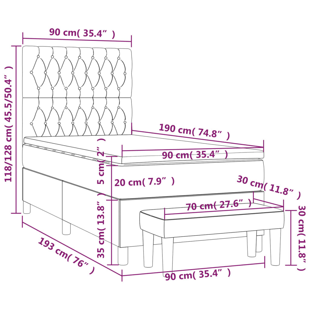 Pat box spring cu saltea, crem, 90x190 cm, textil