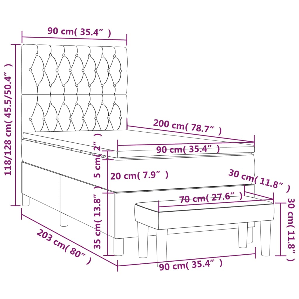 Pat box spring cu saltea, gri închis, 90x200 cm, textil