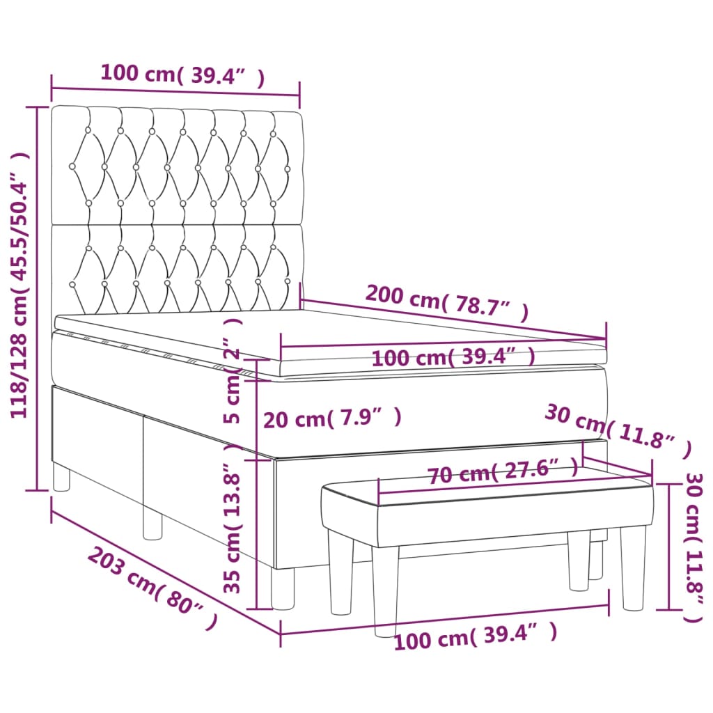 Pat box spring cu saltea, gri deschis, 100x200 cm, textil