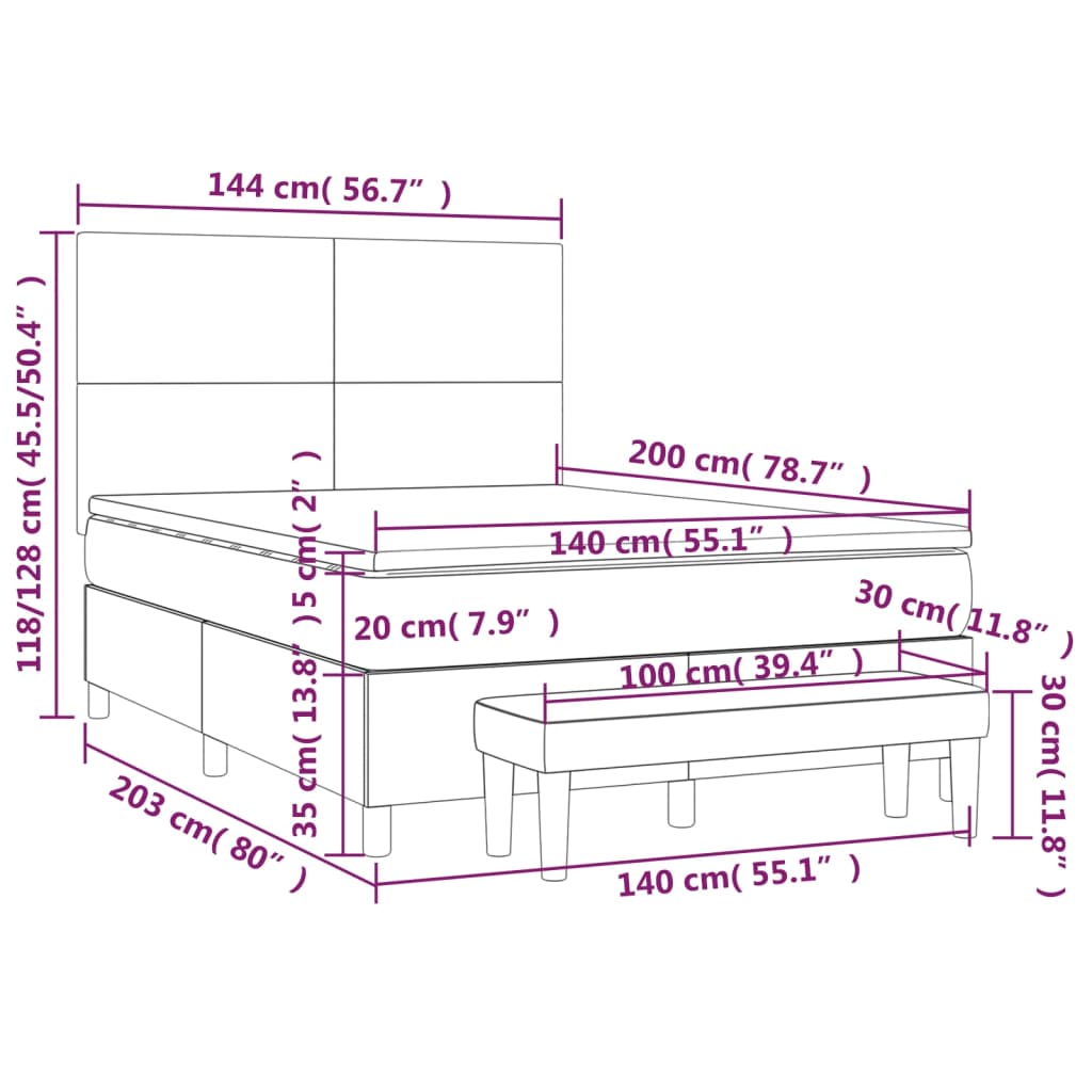 Pat box spring cu saltea, gri închis, 140x200 cm, textil