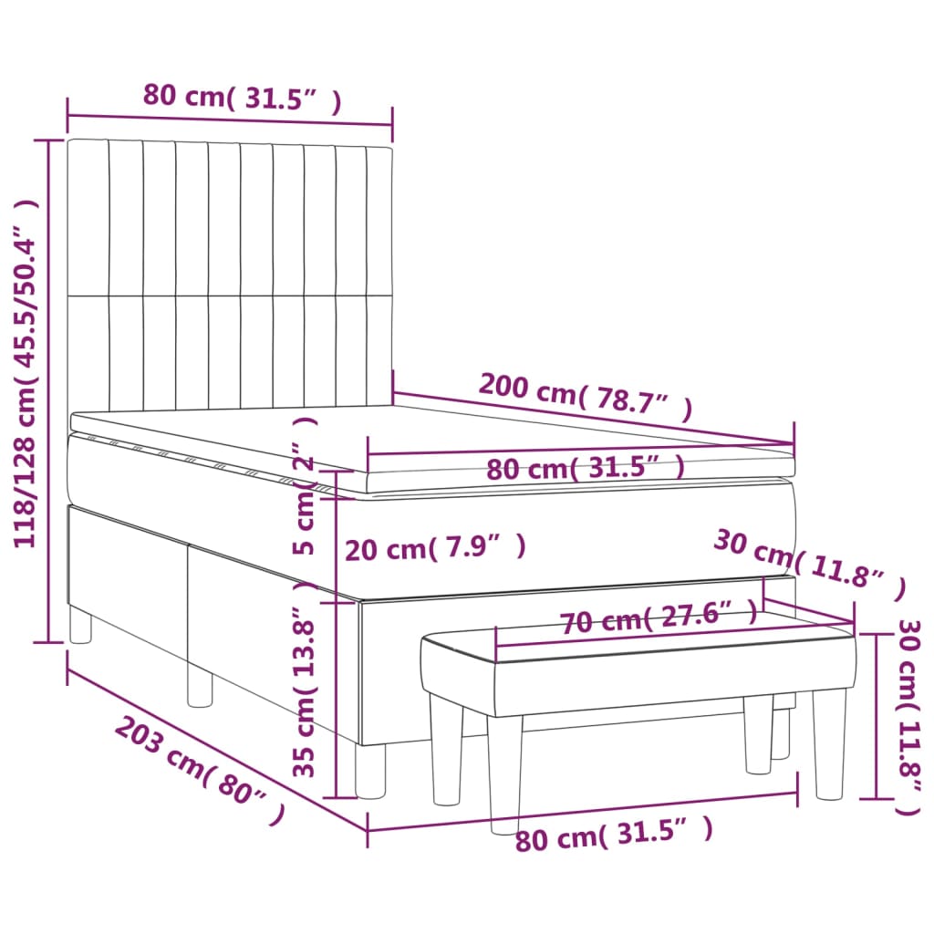 Pat box spring cu saltea, gri închis, 80x200 cm, textil