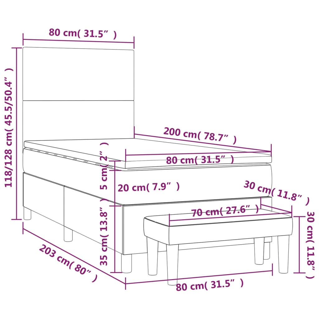 Pat box spring cu saltea, gri, 80x200 cm, piele ecologică