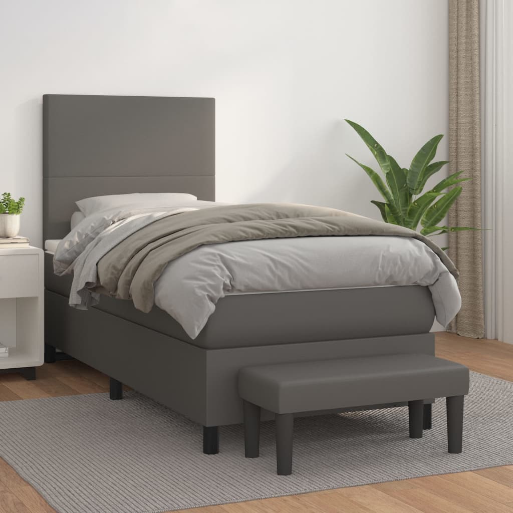 Pat box spring cu saltea, gri, 80x200 cm, piele ecologică