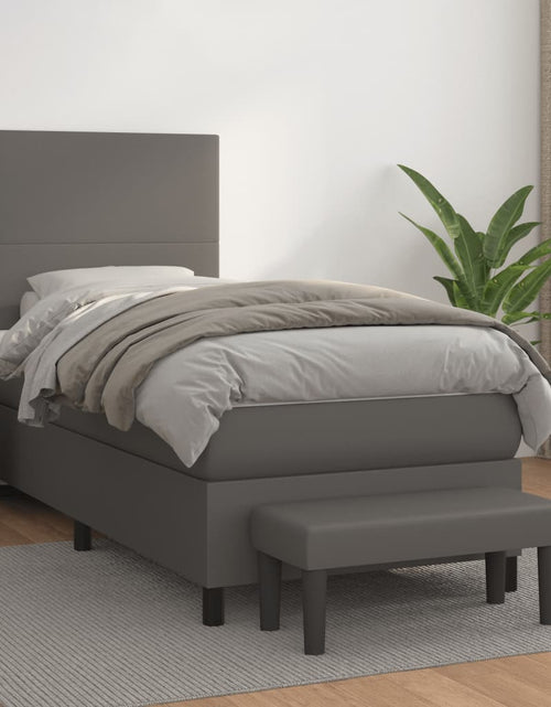 Încărcați imaginea în vizualizatorul Galerie, Pat box spring cu saltea, gri, 90x200 cm, piele ecologică
