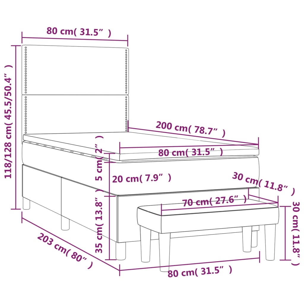 Pat box spring cu saltea, gri, 80x200 cm, piele ecologică