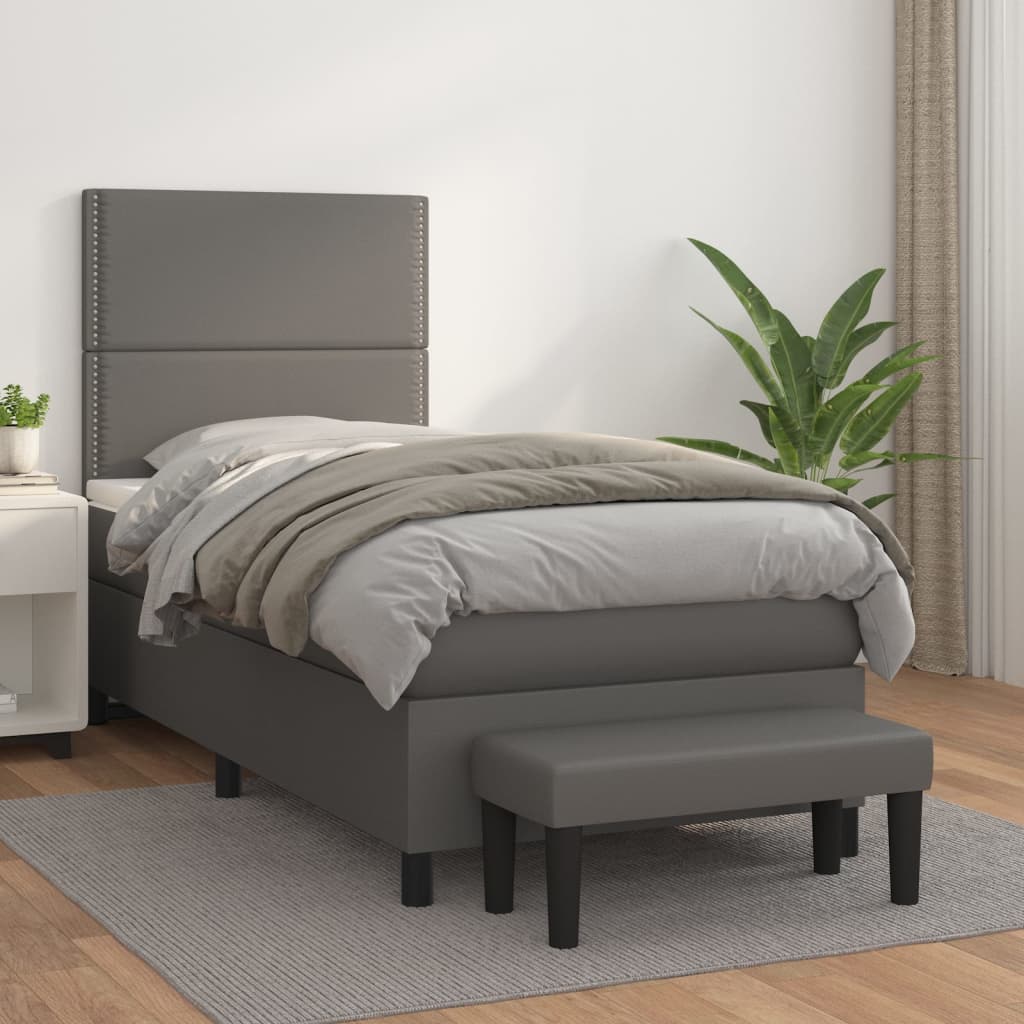 Pat box spring cu saltea, gri, 80x200 cm, piele ecologică