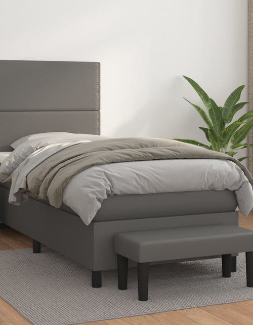 Încărcați imaginea în vizualizatorul Galerie, Pat box spring cu saltea, gri, 90x200 cm, piele ecologică
