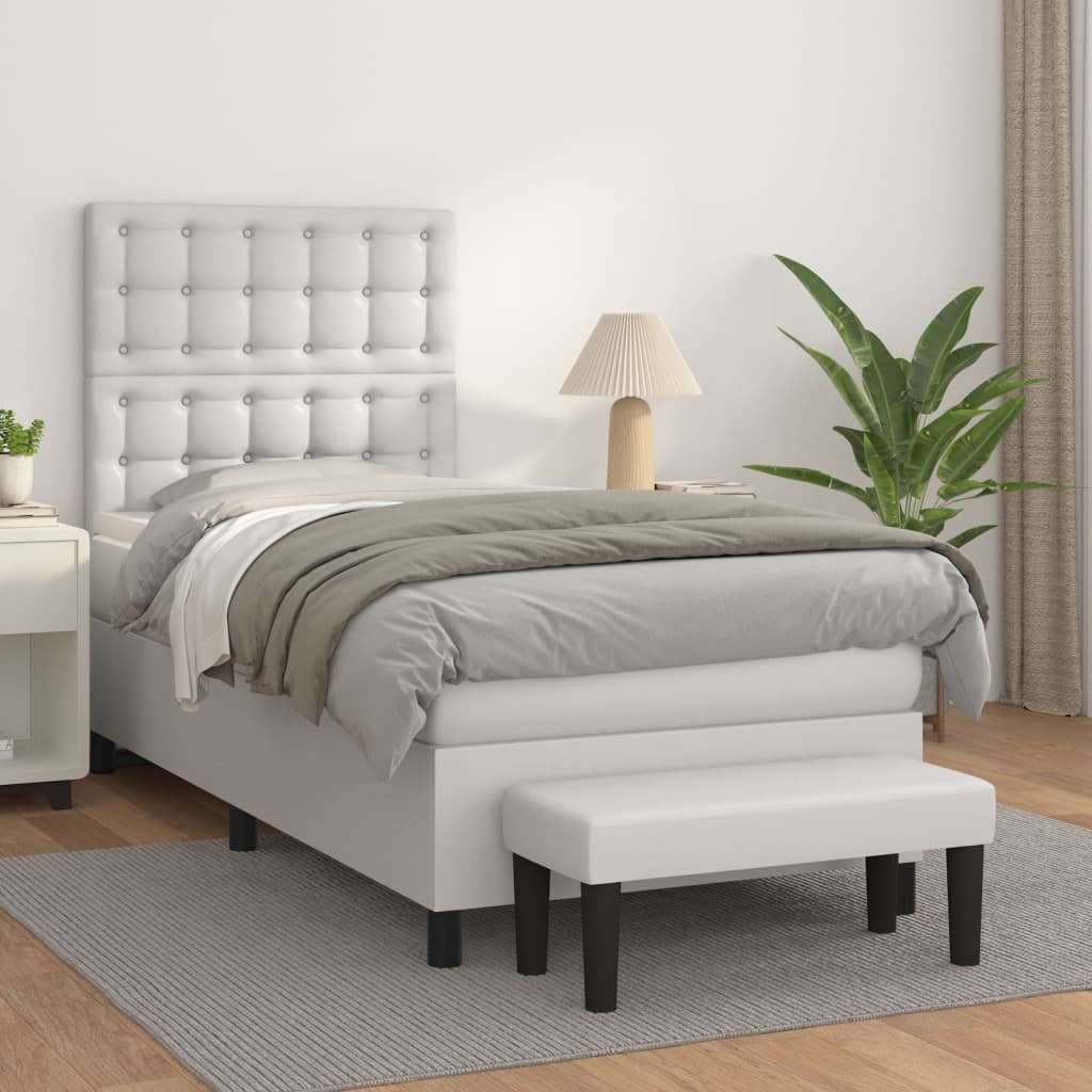 Pat box spring cu saltea, alb, 90x190 cm, piele ecologică