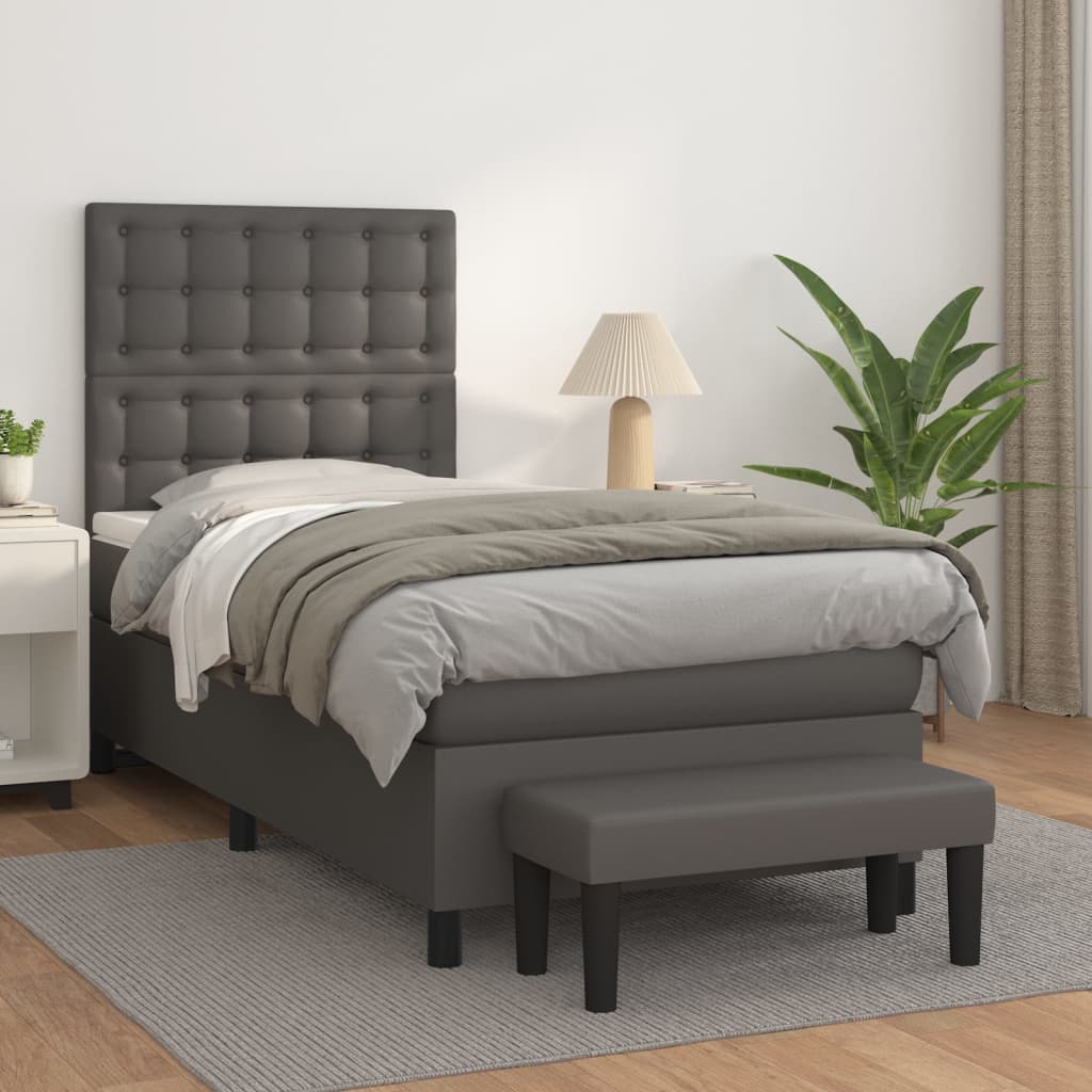 Pat box spring cu saltea, gri, 90x200 cm, piele ecologică