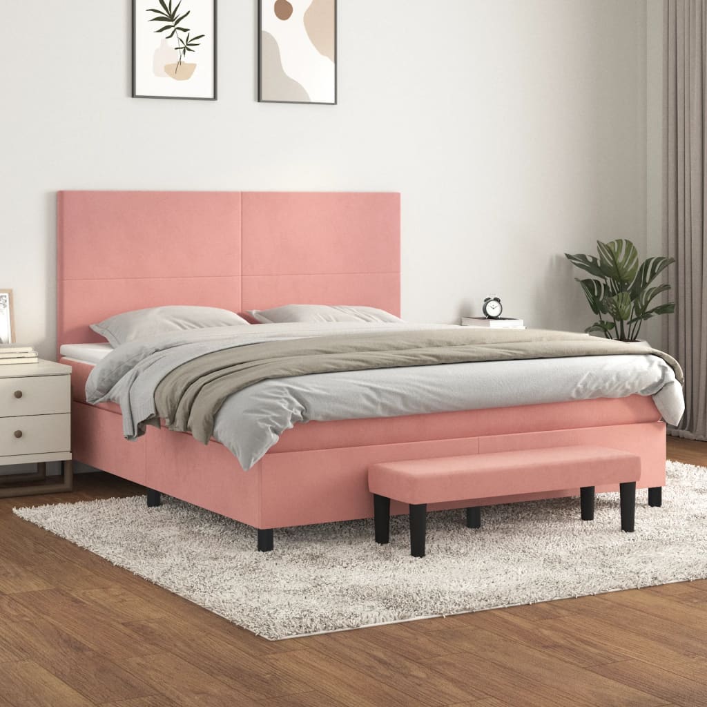 Pat box spring cu saltea, roz, 180x200 cm, catifea