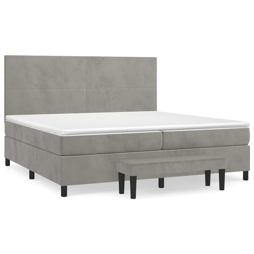 Pat box spring cu saltea, gri deschis, 200x200 cm, catifea