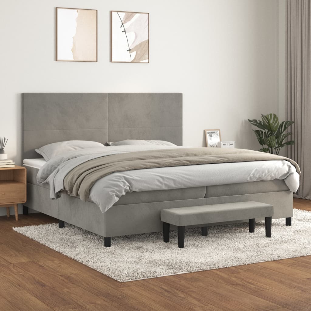 Pat box spring cu saltea, gri deschis, 200x200 cm, catifea