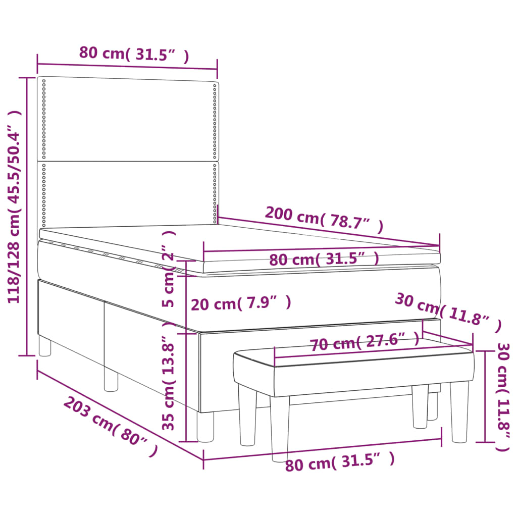 Pat box spring cu saltea, gri închis, 80x200 cm, catifea