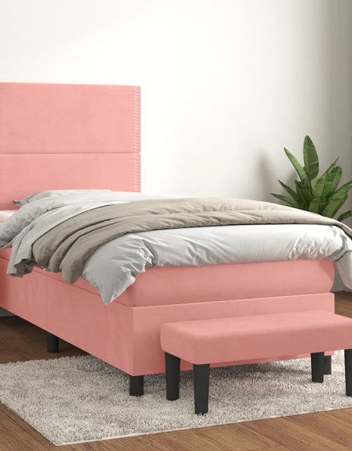 Загрузите изображение в средство просмотра галереи, Pat box spring cu saltea, roz, 80x200 cm, catifea
