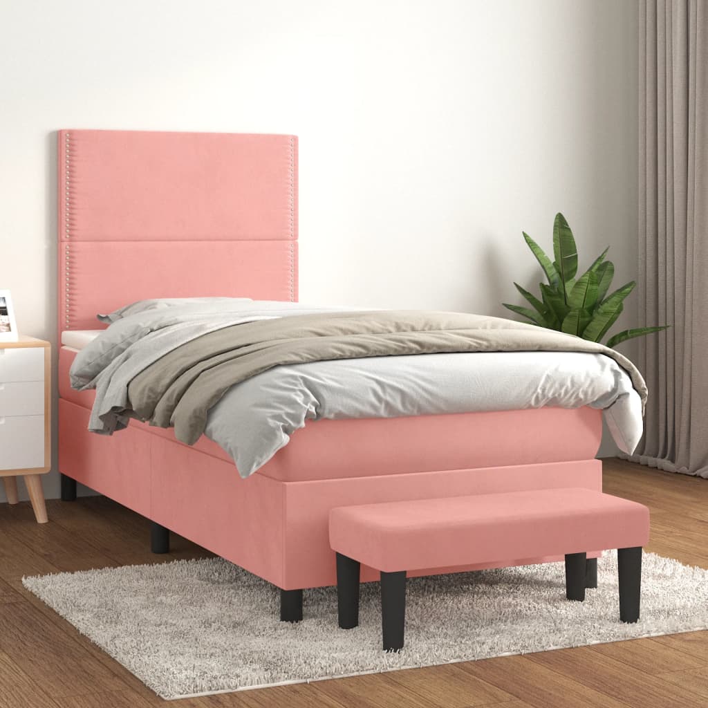 Pat box spring cu saltea, roz, 80x200 cm, catifea