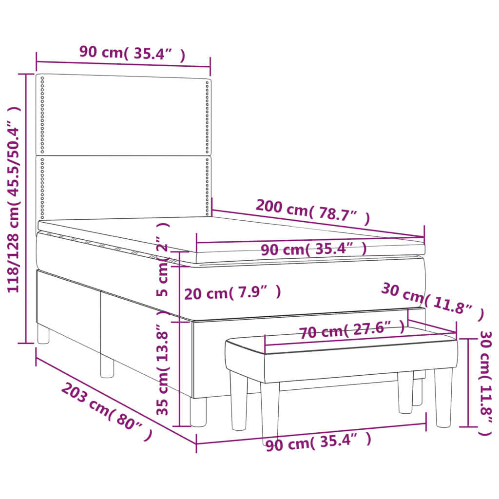 Pat box spring cu saltea, gri închis, 90x200 cm, catifea