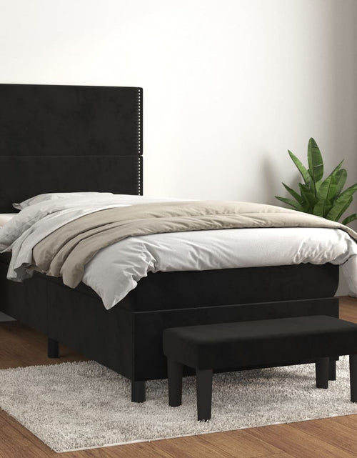 Загрузите изображение в средство просмотра галереи, Pat box spring cu saltea, negru, 90x200 cm, catifea
