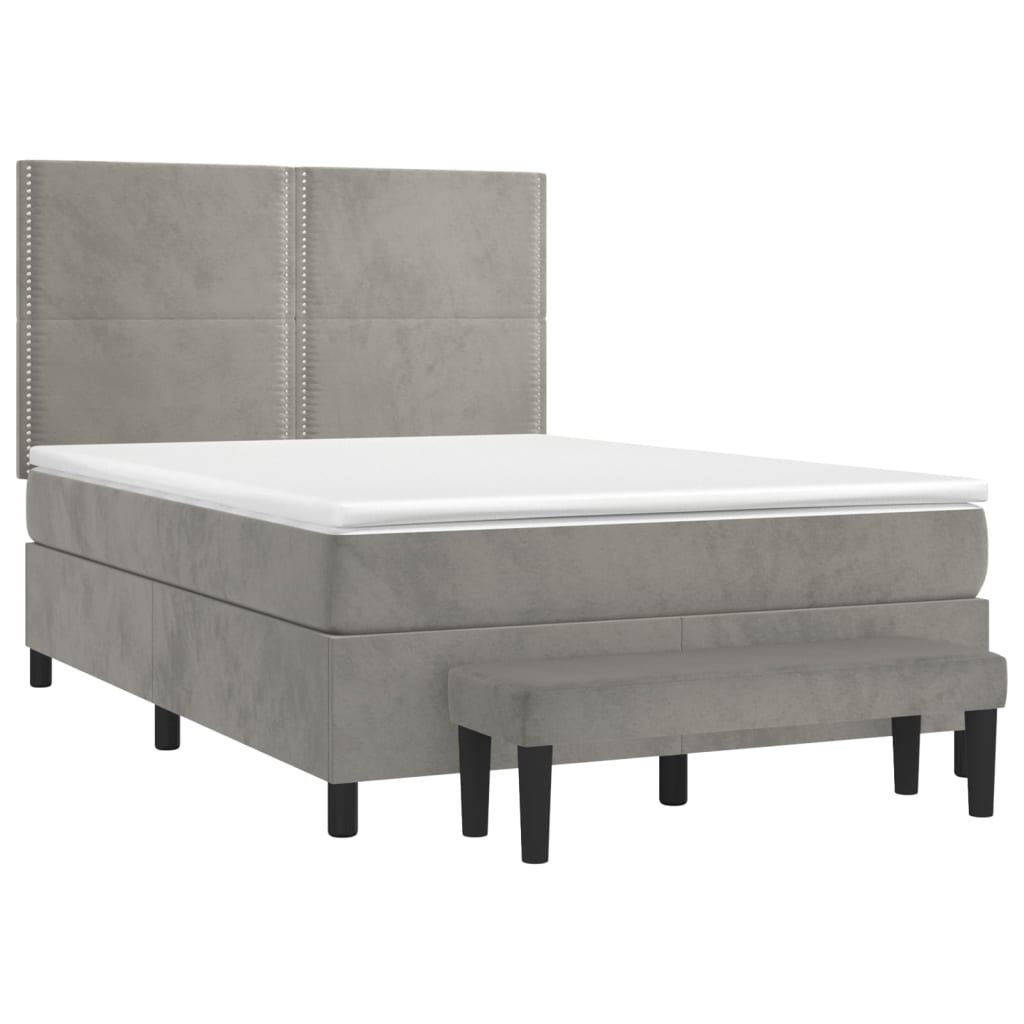 Pat box spring cu saltea, gri deschis, 140x190 cm, catifea