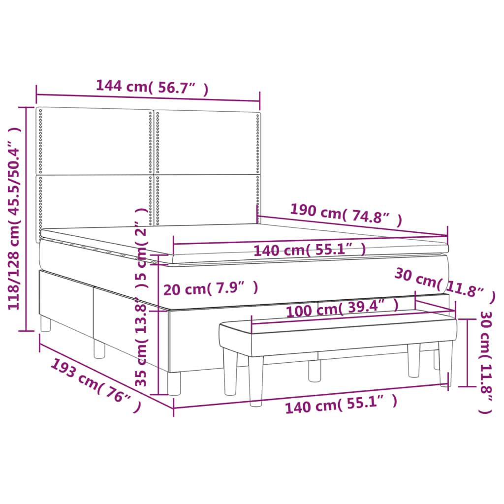 Pat box spring cu saltea, gri deschis, 140x190 cm, catifea