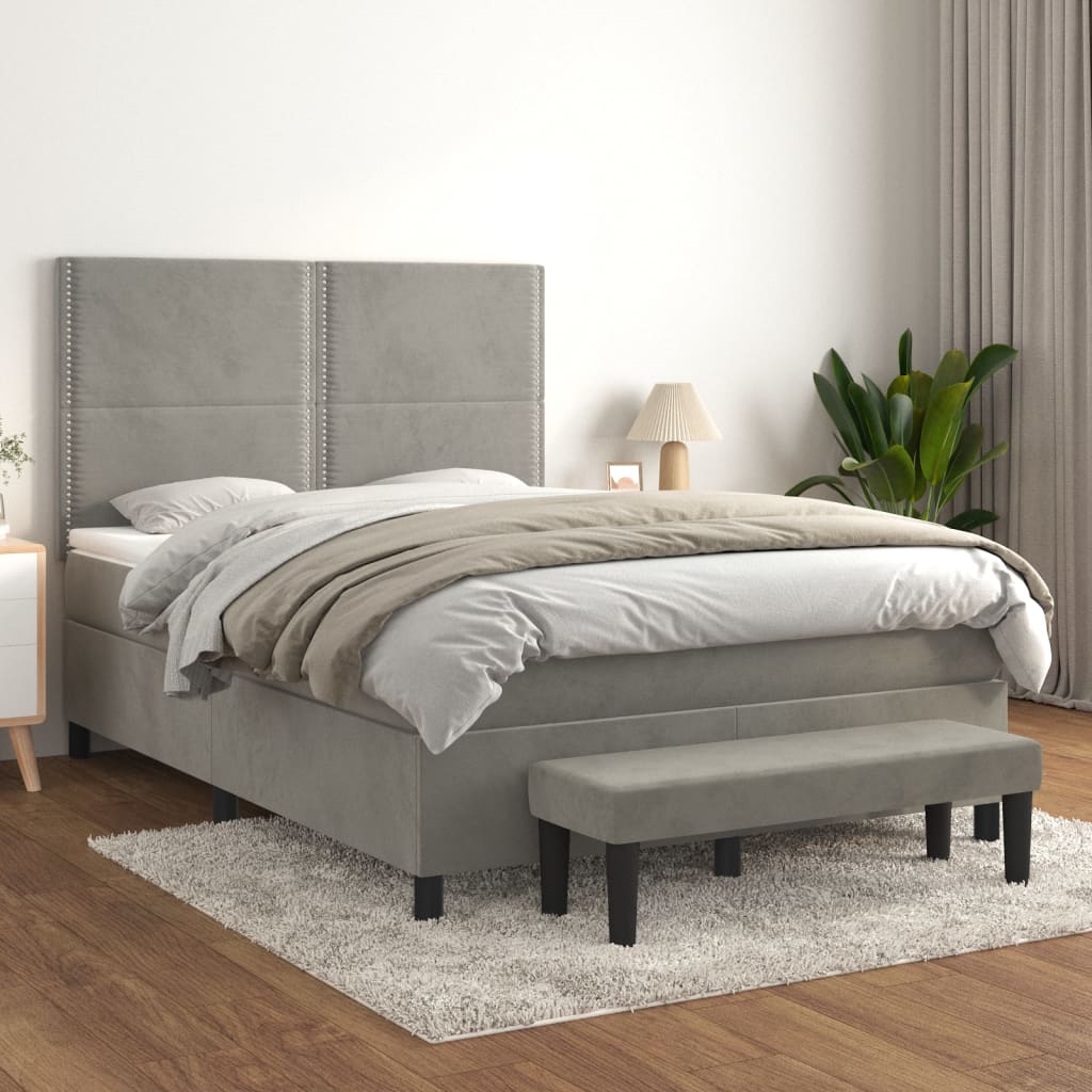 Pat box spring cu saltea, gri deschis, 140x190 cm, catifea