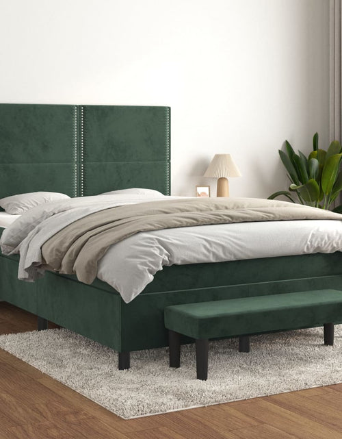 Загрузите изображение в средство просмотра галереи, Pat box spring cu saltea, verde închis, 140x200 cm, catifea
