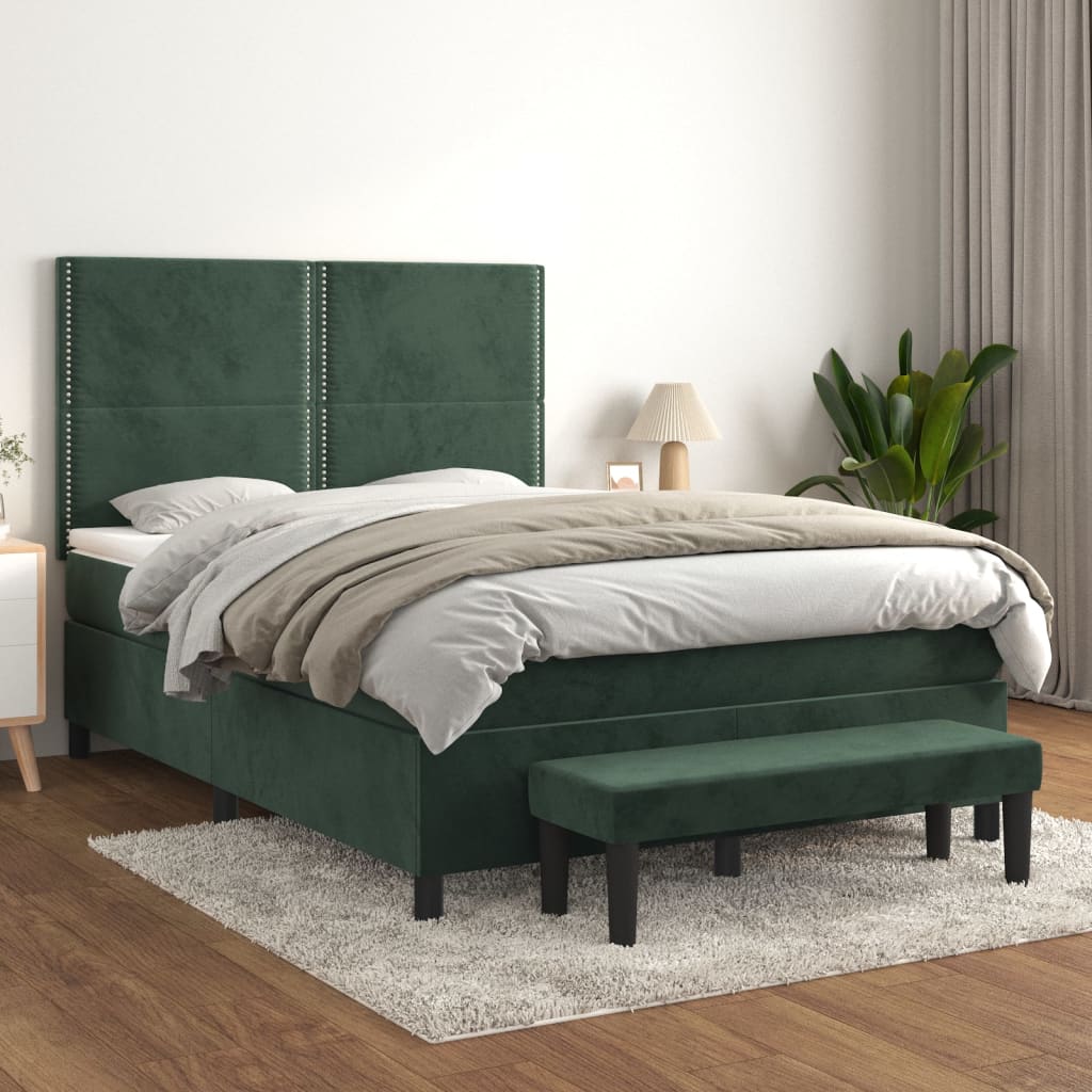 Pat box spring cu saltea, verde închis, 140x200 cm, catifea