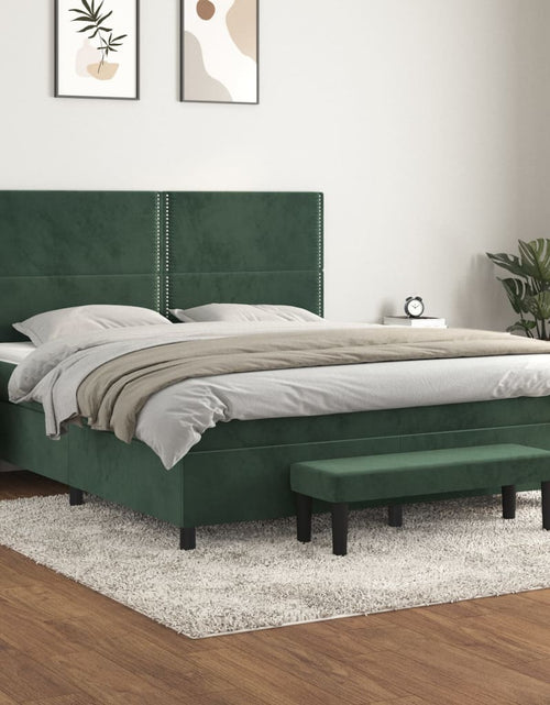 Încărcați imaginea în vizualizatorul Galerie, Pat box spring cu saltea, verde închis, 180x200 cm, catifea
