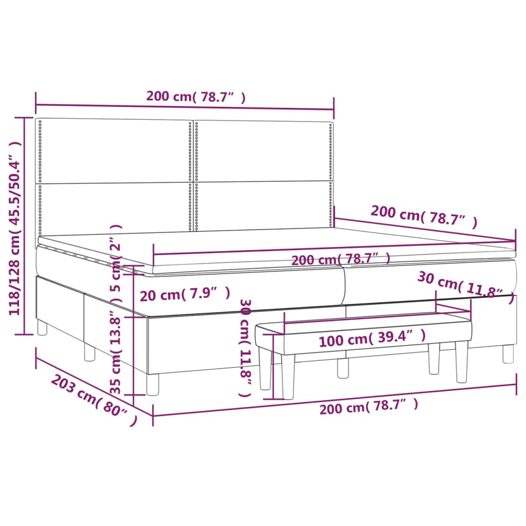 Pat box spring cu saltea, gri deschis, 200x200 cm, catifea