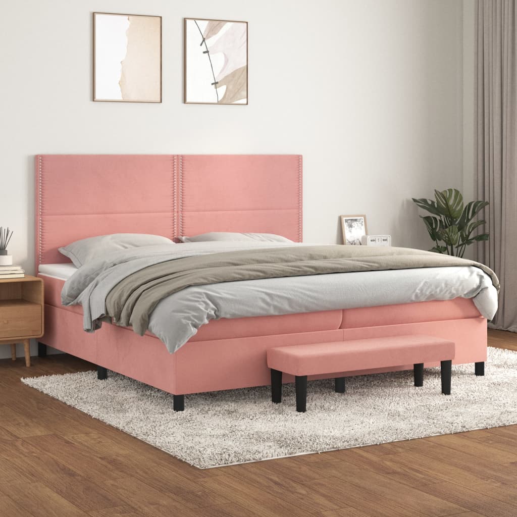 Pat box spring cu saltea, roz, 200x200 cm, catifea