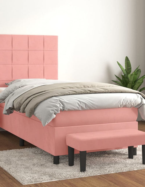 Загрузите изображение в средство просмотра галереи, Pat box spring cu saltea, roz, 80x200 cm, catifea
