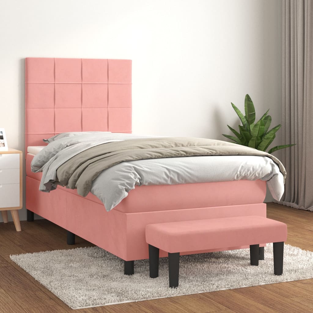 Pat box spring cu saltea, roz, 80x200 cm, catifea