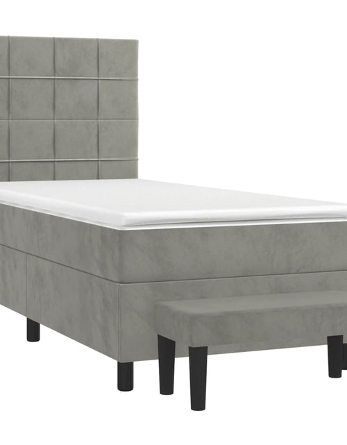 Загрузите изображение в средство просмотра галереи, Pat box spring cu saltea, gri deschis, 90x190 cm, catifea
