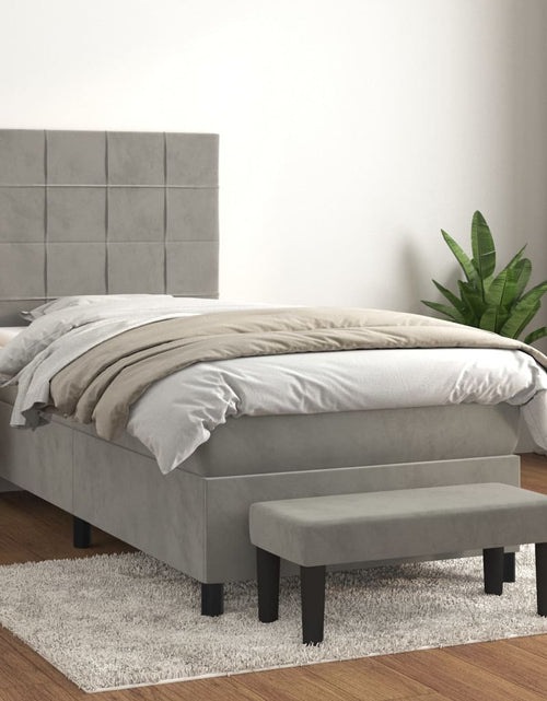 Загрузите изображение в средство просмотра галереи, Pat box spring cu saltea, gri deschis, 90x190 cm, catifea
