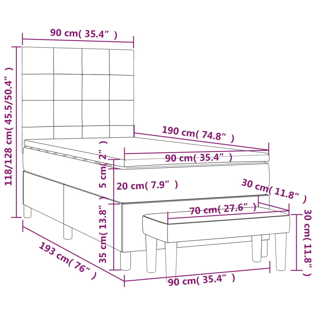 Pat box spring cu saltea, gri închis, 90x190 cm, catifea