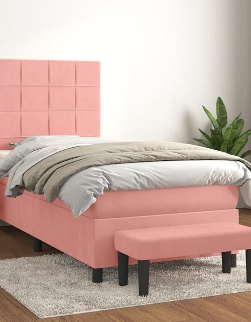 Загрузите изображение в средство просмотра галереи, Pat box spring cu saltea, roz, 90x190 cm, catifea
