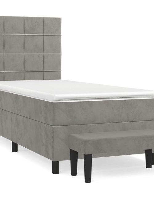 Загрузите изображение в средство просмотра галереи, Pat box spring cu saltea, gri deschis, 90x200 cm, catifea
