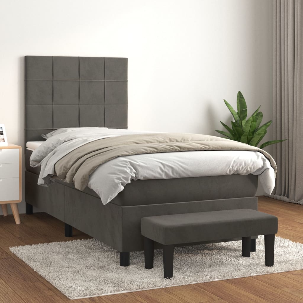 Pat box spring cu saltea, gri închis, 90x200 cm, catifea